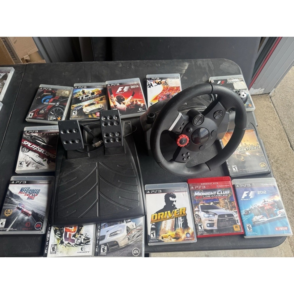 Logitech Driving Force PS3 Racing Wheel Pedals + 12 Game Lot Tested